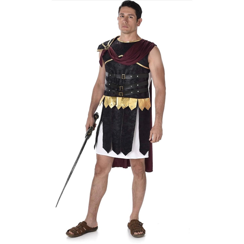 Karnival Costumes Mens Roman Soldier Tunic and Cape Set Black Gold Large NEW